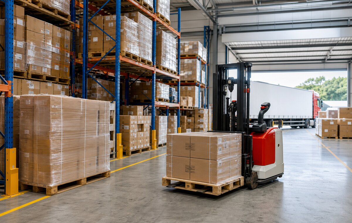 Armazém logístico organizado com pallets e movimentação de carga
