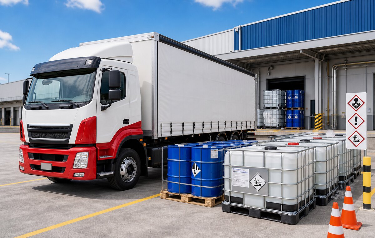 Caminhão baú com produtos químicos embalados para transporte seguro